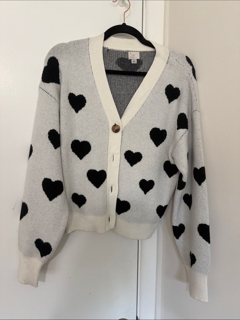a new day Cream Cardigan with Black Heart Print